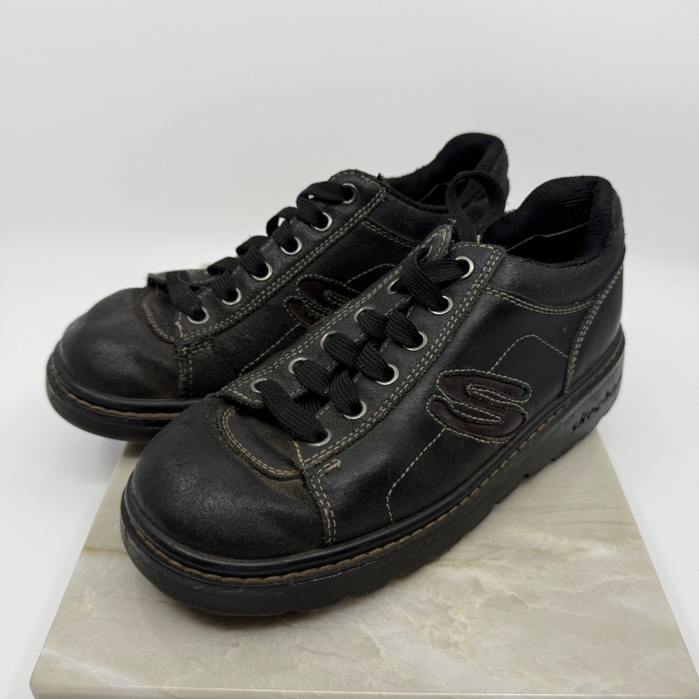 Vintage Skechers Womens Black Leather Jammers Size 6 Chunky Platform 90s Y2K